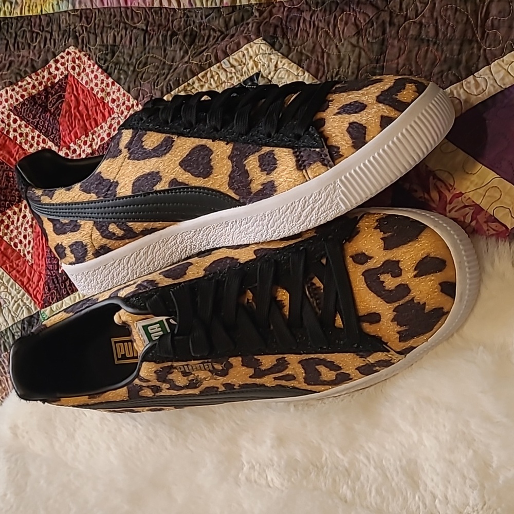 PUMA Clyde Suits Lace Up Casual Cheetah Animal Print Faux Fur Low Top Sneakers